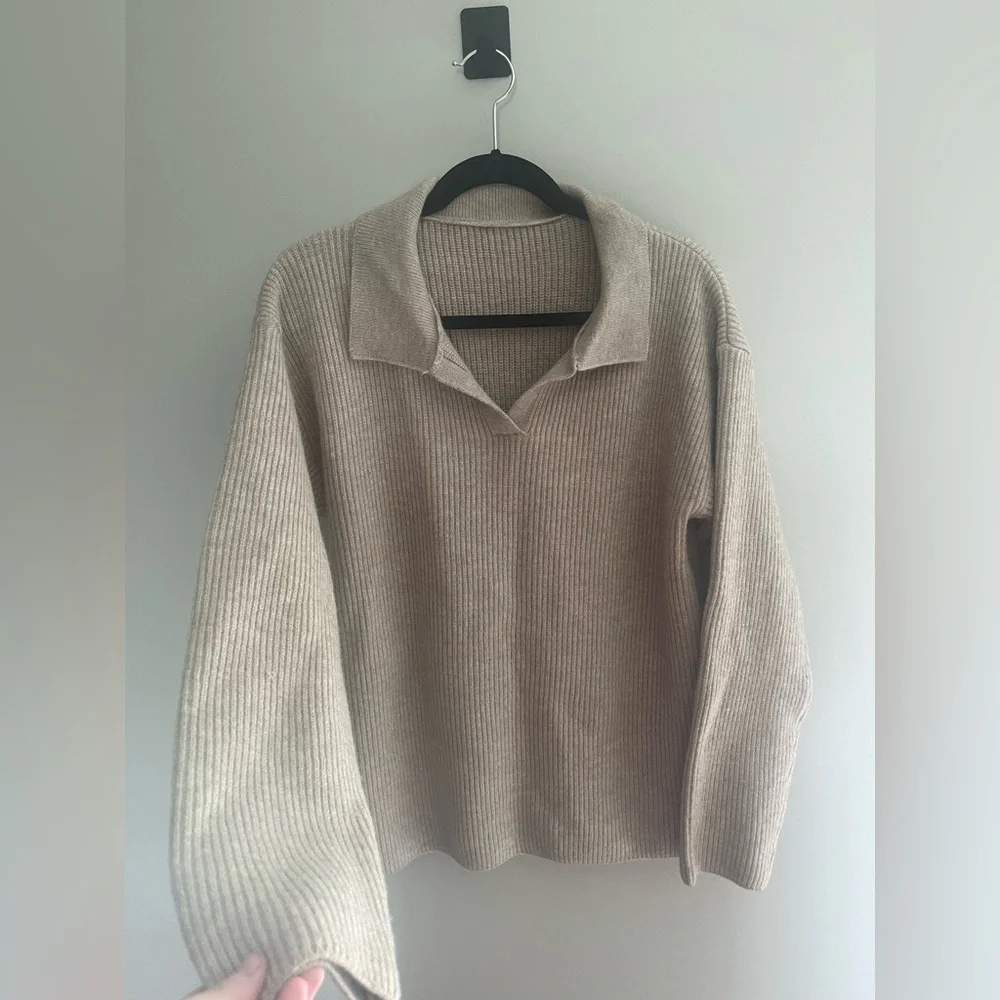 Beige Ribbed Collared Women's Sweater - Picture 2 of 4
